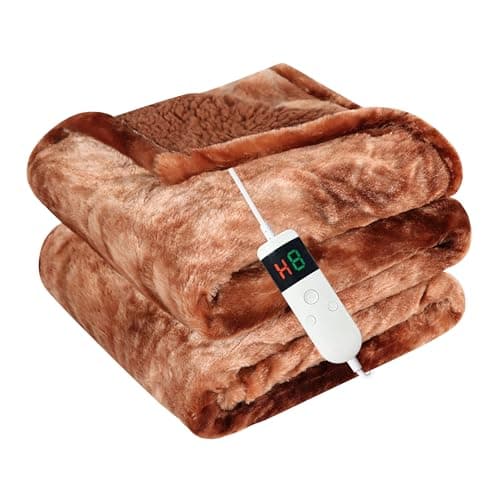 Cushious Electric Heated Blanket Throw 50''x60''Size Faux Fur Heating Blanket 10 Heating Settings, 1-8h Timer & Overheat Protection, Machine Washable, Soft Flannel and Sherpa Full Body Warmth