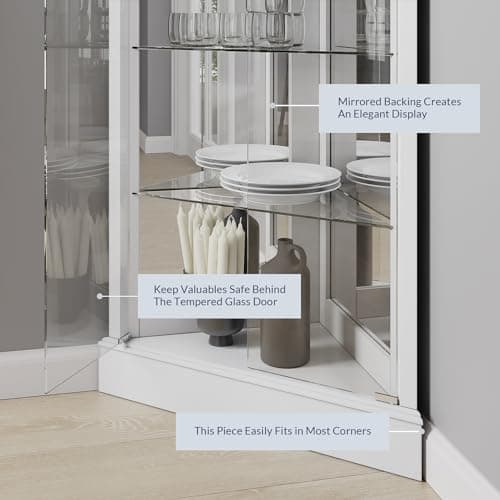 BELLEZE Lighted Accent Corner Display Curio Cabinet with Tempered Glass Doors and Shelves, Classic Wood Cabinet w/Bulb, Corner Curio Storage Rack for Living Room, Bed-Room and Kitchen (White) 5