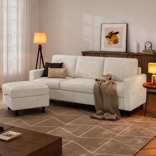 POYISOU Sectional Couches for Living Room, Small Sofa Corduroy Couch with Side Pockets, L Shaped Couch with Storage Ottoman, Modern 3 Seater Convertible Sofa for Apartment, Beige 7