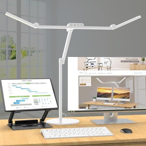 Micomlan Led Desk Lamp with Atmosphere Lighting, Rotatable Tall Architect Desk Lamp for Home Office with Swing Arm, 24W Bright Auto Dimming Adjustable Computer Light with Base for Table