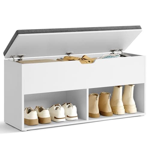 VASAGLE Shoe Storage Bench with Cushion, Entryway Shoe Rack Bench with Storage, 2 Open and 1 Hidden Compartments, for Living Room, Bedroom, White and Gray ULHS021W01