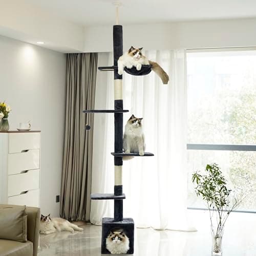 NEGTTE Cat Tree Floor to Ceiling Cat Tower with Adjustable Height, Cat Climbing Activity Center with Cozy Condo& Hammock, Platforms and Dangling Balls for Indoor Cats (Dark Gray,007) 9