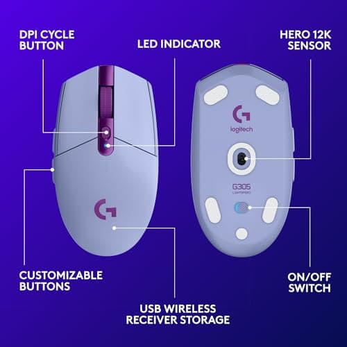 Logitech G305 Lightspeed Wireless Gaming Mouse, Hero Sensor, 12,000 DPI, Lightweight, 6 Programmable Buttons, 250h Battery, On-Board Memory, Compatible with PC, Mac - Lilac 6