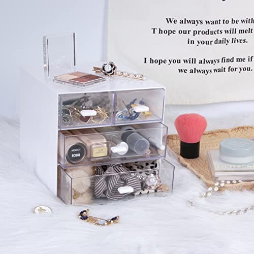 Zyners Desk Organizer with Drawer, Office Organizer with 4 Drawers, Desk Storage Box for, Desktop, Dressing table, Office, School, Home, Plastic Box and 4 Acrylic Drawers(White) 5