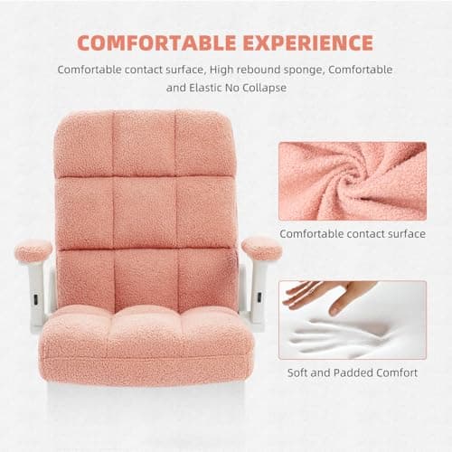 SEATZONE Pink Office Chair Ergonomic Computer Desk Chair with Wheels,Faux Fur Comfy Office Chair for Women and Girls,Teddy Fleece Material 5