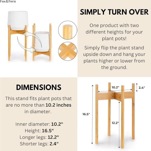 Fox & Fern Mid Century Tall Plant Stand — 10 Inch Fixed Size Raised Bamboo Plant Stand for Indoor Pots (Not Included) - Modern Flower Pot Holder with Plug In Design - Easy to Assemble - Bamboo 6