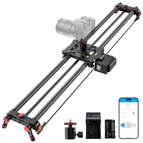 Camera Slider Motorized 47" /120cm, Button/APP Dual Control, Automatic Round Trip, Time Lapse, Panoramic Shooting, Video Capture, Slider Smooth and Stable, 120°Panoramic Shooting, Carbon Fiber Tube