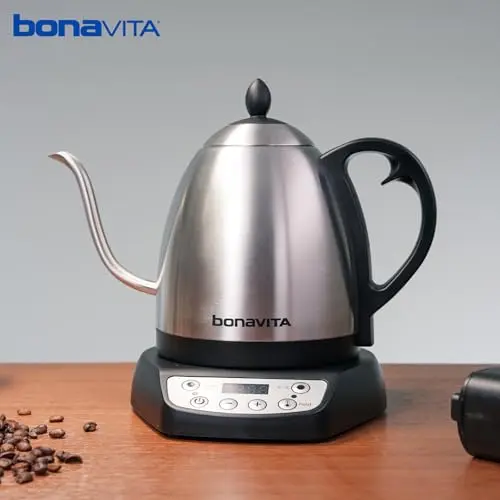 Bonavita 1L Digital Variable Temperature Gooseneck Electric Kettle for Coffee Brew and Tea Precise Pour Control, 6 Preset Temps, Café or Home Use, 1200 Watt, LED Panel, Stainless Steel 7