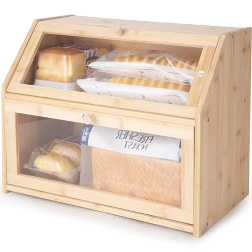 LEIMO KPARTS Bread Storage Farmhouse Bread Box For Kitchen Countertop,Double Layer Bamboo Wooden BreadBox Large Capacity Bin Bread Holder For Kitchen Counter Bread Container With Clear Window