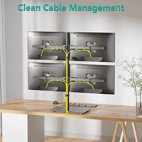 WALI Freestanding Quad Monitor Mount for 17-27 Inch Screens, Fully Adjustable 4 Monitor Stand with Swivel, Tilt, Rotation, Glass Base, Max Load 22 lbs per Arm (GMF004), Black 6