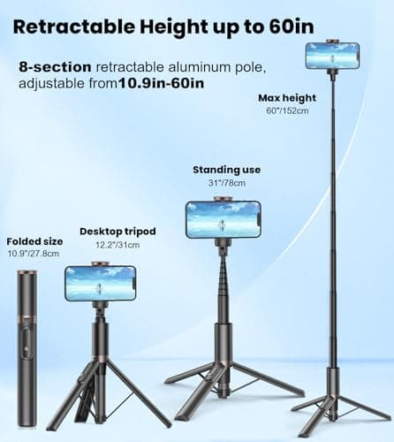 TONEOF 60" Selfie Stick Tripod for Video,All-in-1 Extendable Cell Phone Stand with Integrated Remote,360° Rotate Lightweight & Portable Tripod for 4-7” iPhone/Android/Photo & Video Kits/Travel 6