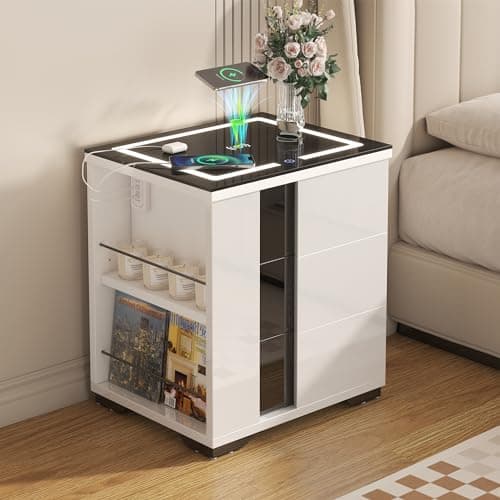 LED Nightstand with Wireless Charging Station & 2 USB, Smart Night Stand Bedside Table End Table with 3 Drawers and Open Compartment, Embedded LED Light Strip for Bedroom Livingroom, Left Side