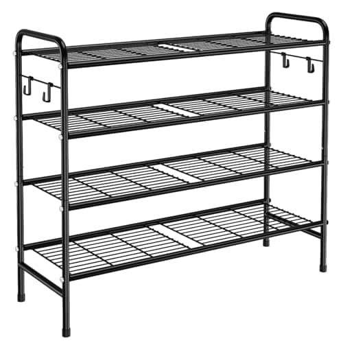 VILICK 4-Tier Shoe Rack 33" Wide Metal Shoe Organizer Long Shoe Storage with 4 Side Hooks Sturdy Shoes Shelf for Closet, Front Door Entrance, Garage, Dorm, Black