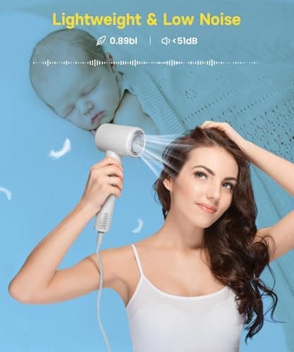 Professional Hair Dryer - 130000 RPM High Speed Brushless Motor Negative Ionic Blow Dryer for Fast Drying, Low Noise Thermo-Control Hairdryer with Magnetic Diffuser & Nozzle for Women for Home Travel 7