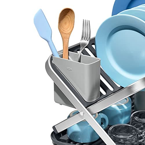 OXO Good Grips Aluminum Fold Flat Dish Drying Rack, 2-Tier, with Drainboard, for Kitchen Counter, Collapsible 9