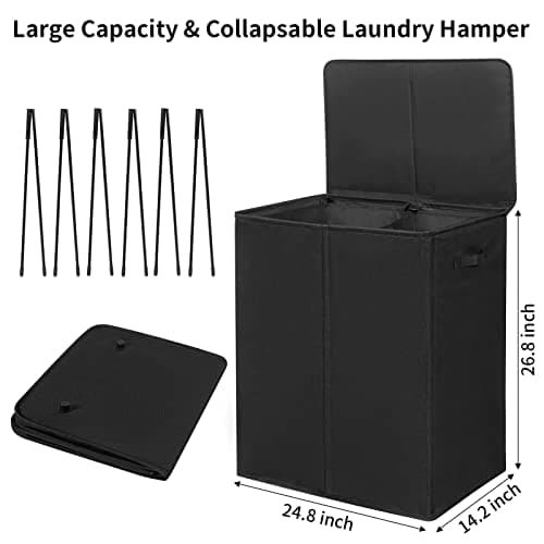 WOWLIVE 154L Double Laundry Hamper with Lid and Removable Laundry Bags, Large Dirty Clothes Hamper 2 section Collapsible Laundry Basket Dorm Room Storage for Bedroom, Bathroom, College, Black 5