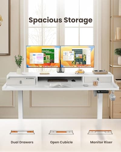 ErGear Electric Standing Desk with Drawers, 48″ x 24″ Gaming Table Compatible Monitor Stand, Stand up Desks, Home Office Height-Adjustable Desk with Storage Shelf, 4 Preset Heights, White 6