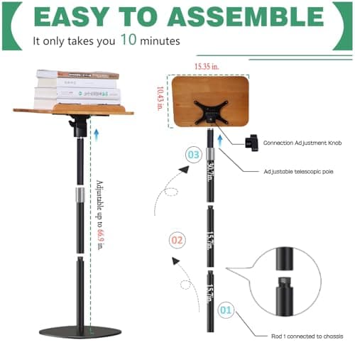 Adjustable to 67in Standing Book Stand, Book Holders for Reading Hands Free with Pedestal,Wood Music Sheet ，Podium& Bible& Cookbooks Display Stands 5