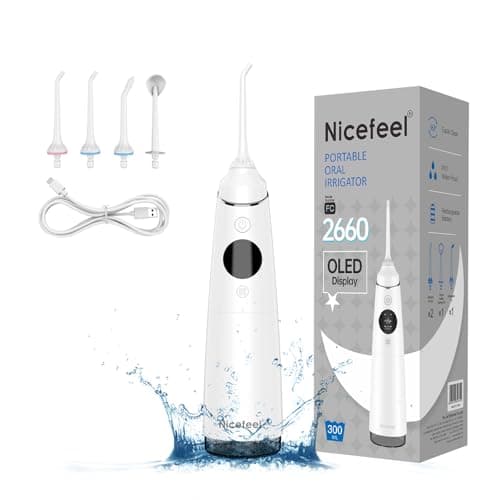Nicefeel LCD Display Water Flosser Cleaner Picks with 4 Modes,280ML Water Dental Flosser Portable Cordless for Teeth,IPX7 Waterproof Electric Flosser Oral Irrigator for Home Travel Office (White)
