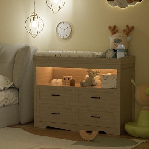 QUNTTINA Nursery Dresser Changing Table 4 Drawers Dressers with Changing Table Top Baby Dresser Chest with Open Storage Changing Station with LED Light Diaper Changing Station Nursery Organizer,Beige 7