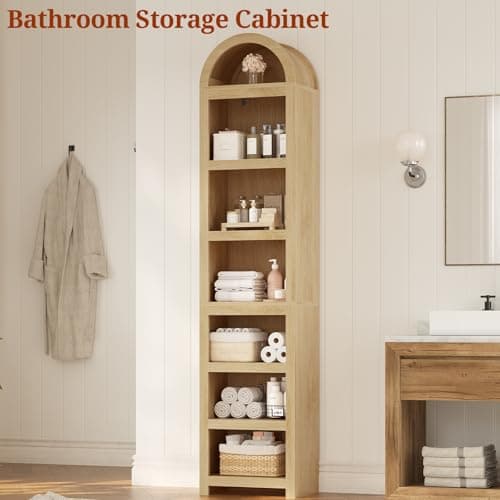 UPOSOJA 76" Tall Narrow Arched Bookcase,7-Teir Mid-Century Modern Bookshelf,Adjustable Shelves offering More Storage Space for Living Room,Kitchen,Home Office,Oak 6