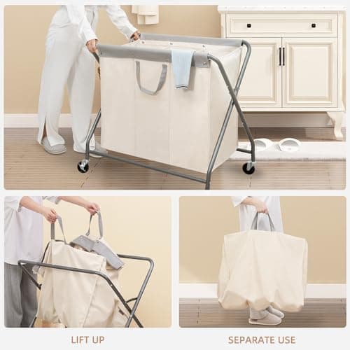 STORAGE MANIAC 160L Collapsible Laundry Hamper with Wheels, Rolling Laundry Basket, Heavy Duty Cloth Sorter with Removable Bag, Folding X Frame Clothes Organizer Cart for Easy to Store, 3 Section 6