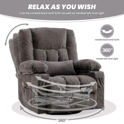 BOSMILLER Oversized Recliner Chair for Adults with Vibration Massage and Lumbar Heating Swivel Rocker Recliner with Cup Holder and USB Charge Port for Living Room 6