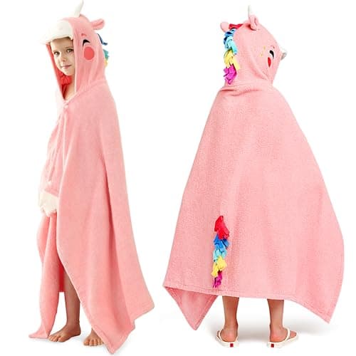 Joiedomi Unicorn Hooded Towel for Kids Soft 100% Cotton Bath Beach Towel 30" x 50" for Kids 3-10 Years Toddler Pool Poncho with Hood Absorbent Swim Wrap for Boys Girls