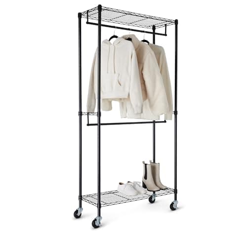 Amazon Basics Adjustable Double Rod Rolling Garment Rack, Hanging Clothes Closet Organizer with Wheels, Heavy Duty, 36" x 14" x 72", Black