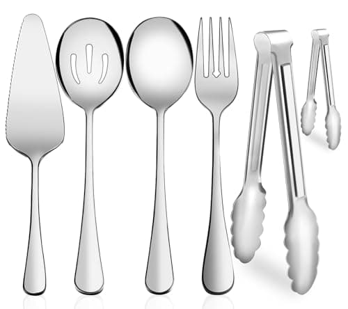 Serving Utensils, XEVOM 6-Piece Stainless Steel Serving Utensil Set Include Serving Spoon, Slotted Serving Spoon, Serving Fork,Serving Tong, Appetizers Tong,Pie Server (Silver), Regular