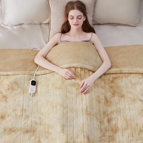 Guohaoi Heated Blanket Electric Throw, Soft Faux Rabbit Fur Electric Blanket with 10 Heating Levels 5 Sitting Timer Auto Off, Cozy Warm Heating Blankets, Machine Washable(50"×60" Beige) 5