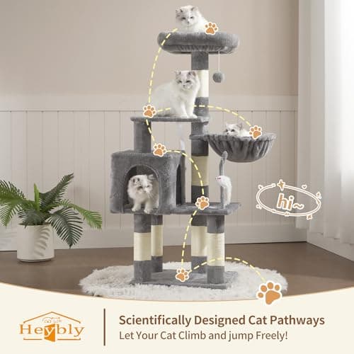 Heybly Cat Tree with Toy, Cat Tower Condo for Indoor Cats, Cat House with Padded Plush Perch, Cozy Hammock and Sisal Scratching Posts, Light Gray HCT004SW 7