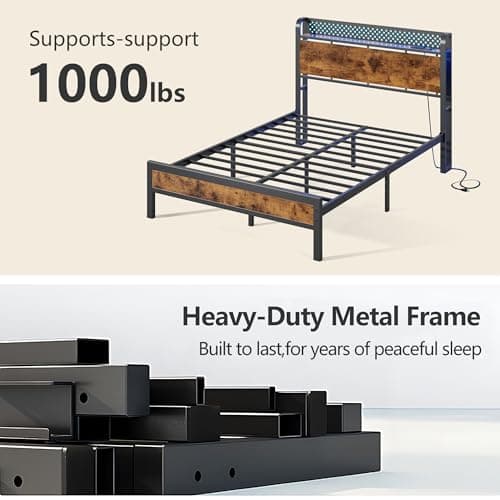 Furnulem Full Size Bed Frame with Storage Headboard, Industrial Platform Bed with Charging Station and LED Lights, Heavy Duty Metal Slats, No Box Spring Need, Noise Free 8