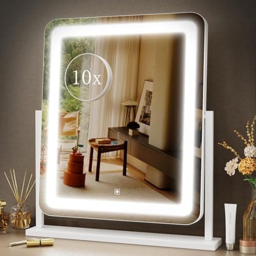 Gvnkvn Vanity Mirror with Lights, 17.3’’ LED Makeup Mirror Detachable 10X Magnification, Smart Touch Control, 3 Color Lighting Modes,360°Rotation Tabletop Make Up Mirror for Bedroom Bathroom
