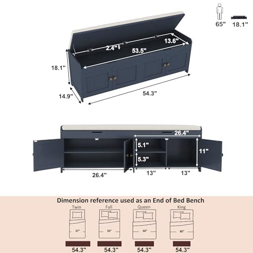 HOMEFORT 54.4" Shoe Bench with Lift Top Storage, Entryway Bench with Cushioned Seat, Wooden End of Bed Bench, Shoe Cabinet Bench with Hidden Storage Space, for Bedroom, Hallway,Blue 3