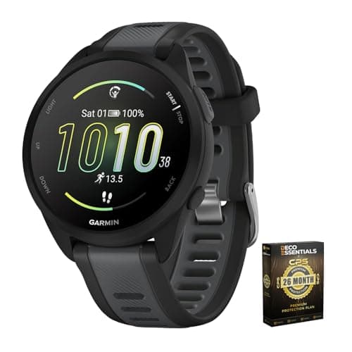 Garmin 010-02863-20 Forerunner 165 Smart Sport Watch, Black + Slate Gray | Official USA Partner Model | Bundle with Deco Essentials Exclusive 26 Month CPS Enhanced Protection Pack