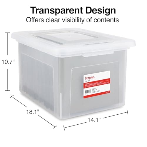 STAPLES Hanging File Folder Box, Storage Bin Organizer, Snap Lid, Letter & Legal Size Documents, Clear 6