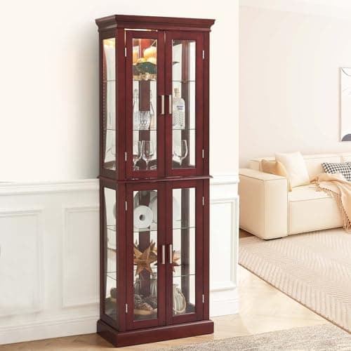 Firscook Cherry Wooden Display Cabinet with Lighted Glass Shelves, Vintage Accent Storage with 6 Adjustable Shelves, 70" Curio Cabinet 7