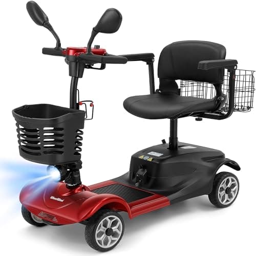 WheelWavi 4 Wheel Compact Mobility Scooter for Seniors and Adults,Foldable Electric Scooter, Heavy Duty Travel Model with Lights, Basket, and Long-Lasting Battery (Red)