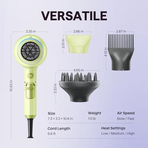 Wavytalk Hair Dryer with Diffuser, Blown Away Ionic Hair Dryer for Curly Hair with Comb, 1875W Fast Drying Blow Dryer with Ceramic Technology, 3 Attachments for All Hair Types, Light and Quiet, Green 6