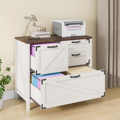 Halitaa Lateral File Cabinet with 4 Drawers Farmhouse File Cabinet for Letter/Legal/A4 Size Hanging Files, Large Wood File Storage Cabinets Printer Stand for Home Office Cabinet, Rustic White 9