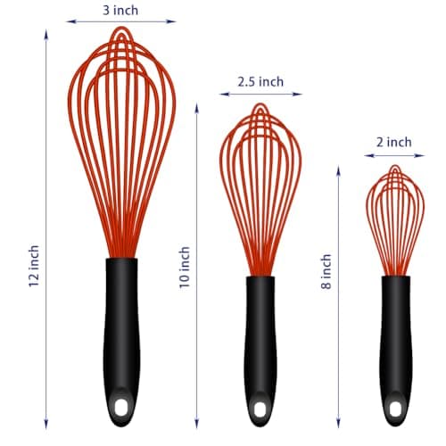 OYV Red Silicone Whisk, Sealed Waterproof Design Set of 3, Professional Kitchen Whisks for Cooking Non-Scratch, Silicone & Stainless Steel Whisk, Heat Resistant 480°F Balloon Egg Beater 6