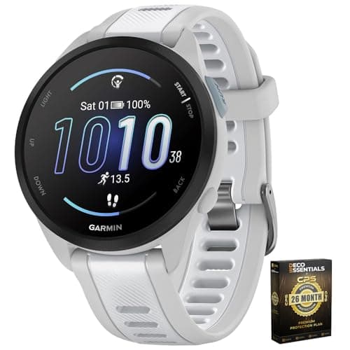 Garmin 010-02863-21 Forerunner 165 Smart Sport Watch, Mist Gray + Whitestone | Official USA Partner Model | Bundle with Deco Essentials Exclusive 26 Month CPS Enhanced Protection Pack