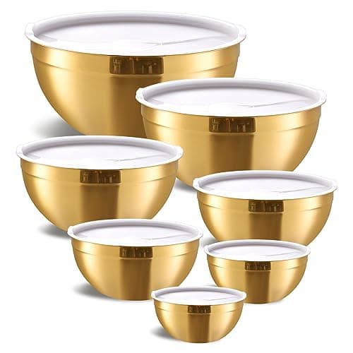 Moxinox Gold Mixing Bowls with Airtight Lids, Stainless Steel Nesting Mixing Bowls Set of 7, Ideal for Baking, Prepping and Serving Food, Size 7, 3.6, 2.7, 2.1, 1.5, 1.1,0.8 QT, Stackable Design