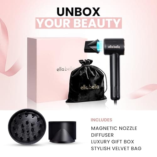 ELLA BELLA® Compact Plasma Hair Dryer, Advanced Plasma Technology Blow Dryer with Digital Display, Rapid Drying, Low Noise, & Luxury Velvet Travel Bag - Includes Diffuser & Nozzle- for All Hair Types 6