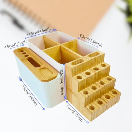 MAXIACCESS Desk Organizer - Polystyrene and Bamboo Desk Organizer with 5 Compartments - Multipurpose Desktop Stationary Organizer for Desk/Office/Art Supplies for Home/Office – White Desktop box 5