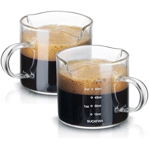 FUNGLIJIE Espresso Cups Set of 2, 75ML Espresso Shot Glass with Handle Double Spout Cups Clear Glass Measuring Cup Coffee Accessories Great for Making Coffee Desserts Salad Dressing