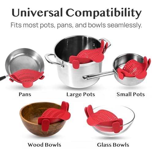 Kitchen Gizmo Snap N Strain Silicone Pot Strainer - Adjustable Clip-On Pasta Strainer for Pots, Pans, and Bowls - Large Red Kitchen Colander 6