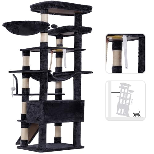 Heybly Tall Cat Tree, 78-inch Multi-Level Cat Tower for Indoor Cats, 2 Widened Plush Perches Cat Condo with Scratching Board and Big Caves, Smoky Gray HCT033G 7