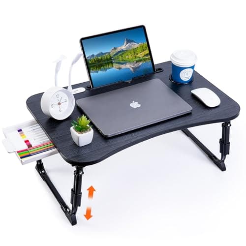 BYMECOST Laptop Desk for Bed, Height Adjustable Laptop Bed Table, Foldable Portable Lap Desk Stand with USB/Storage Drawer/Cup Holder/Slot, Breakfast Tray for Working Reading Writing Eating
